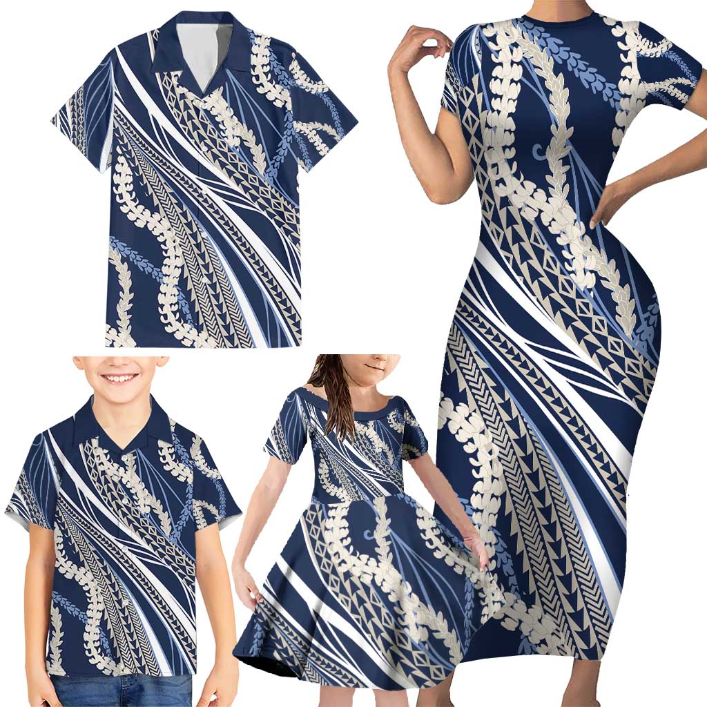 Polynesian Puakeniken Pikake Twisted Lei Family Matching Short Sleeve Bodycon Dress and Hawaiian Shirt Navy Blue - Polynesian Pride