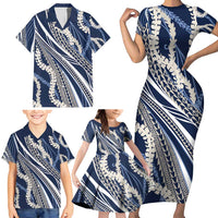 Polynesian Puakeniken Pikake Twisted Lei Family Matching Short Sleeve Bodycon Dress and Hawaiian Shirt Navy Blue - Polynesian Pride
