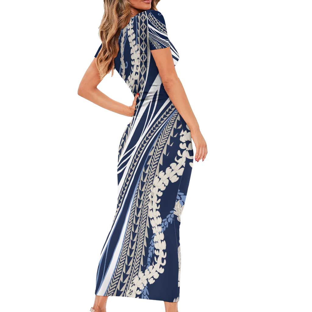 Polynesian Puakeniken Pikake Twisted Lei Family Matching Short Sleeve Bodycon Dress and Hawaiian Shirt Navy Blue - Polynesian Pride
