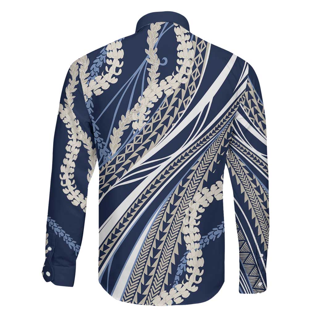 Polynesian Puakeniken Pikake Twisted Lei Family Matching Summer Maxi Dress and Hawaiian Shirt Navy Blue - Polynesian Pride