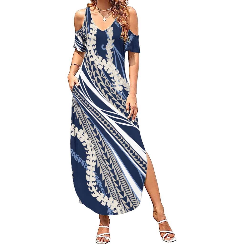 Polynesian Puakeniken Pikake Twisted Lei Family Matching Summer Maxi Dress and Hawaiian Shirt Navy Blue - Polynesian Pride