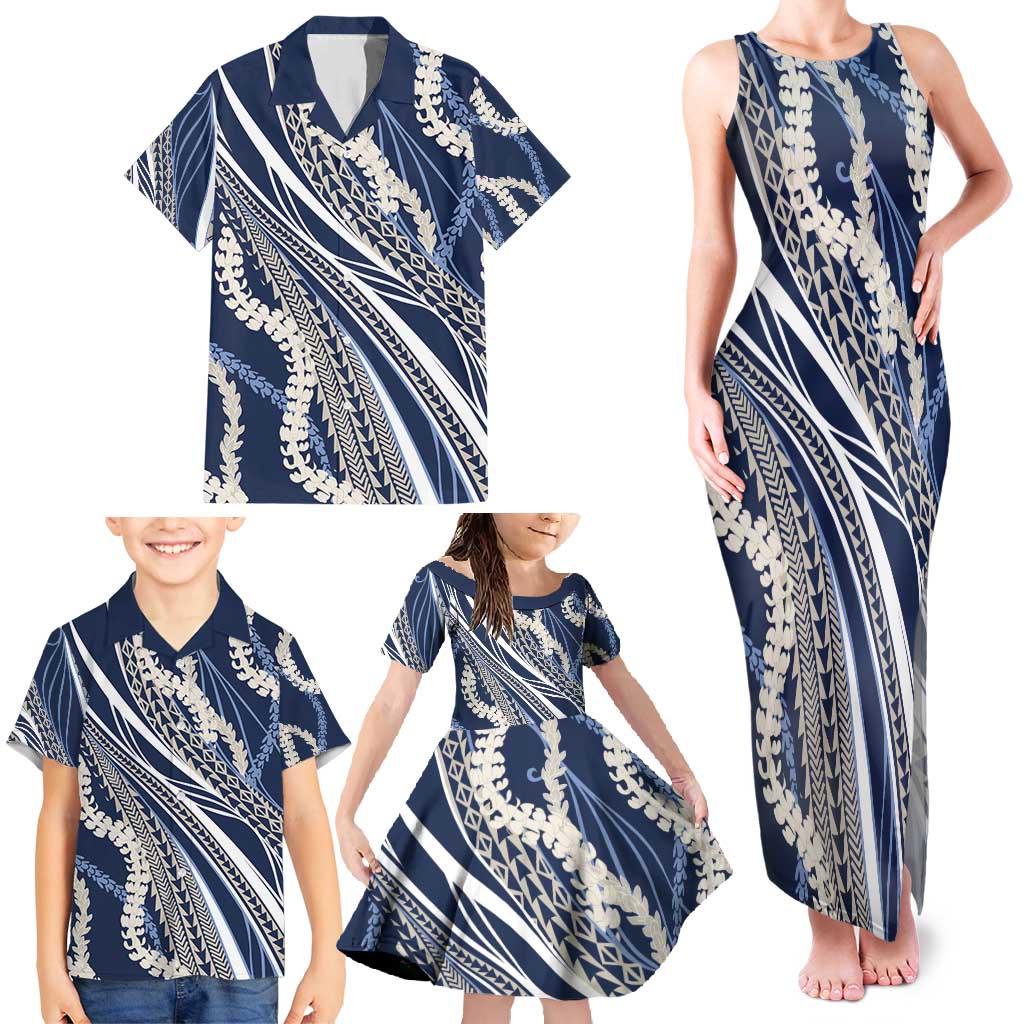 Polynesian Puakeniken Pikake Twisted Lei Family Matching Tank Maxi Dress and Hawaiian Shirt Navy Blue - Polynesian Pride