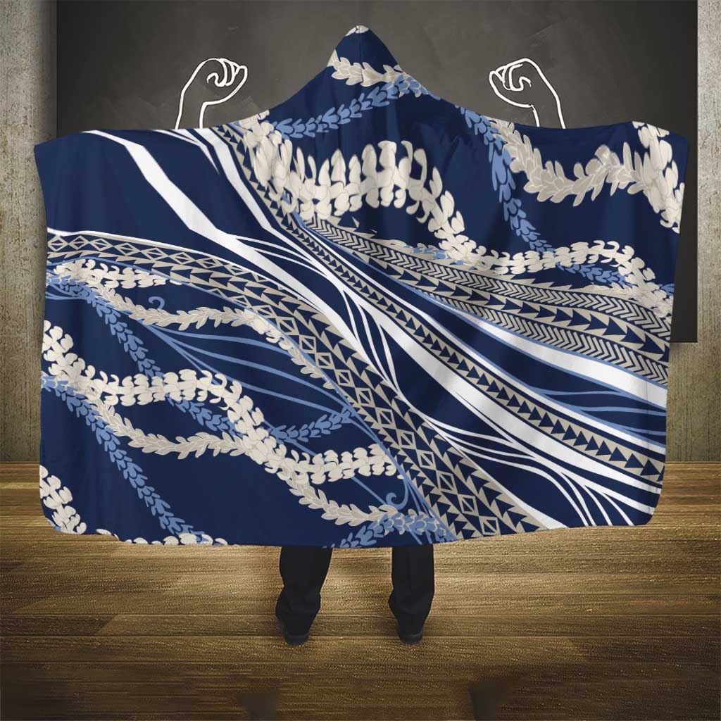 Polynesian Puakeniken Pikake Twisted Lei Hooded Blanket Navy Blue - Polynesian Pride