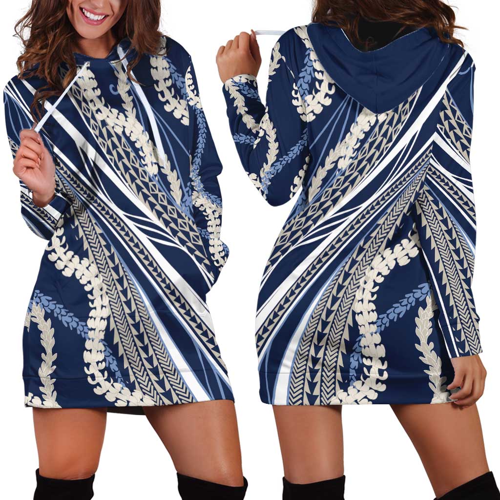 Polynesian Puakeniken Pikake Twisted Lei Hoodie Dress Navy Blue - Polynesian Pride