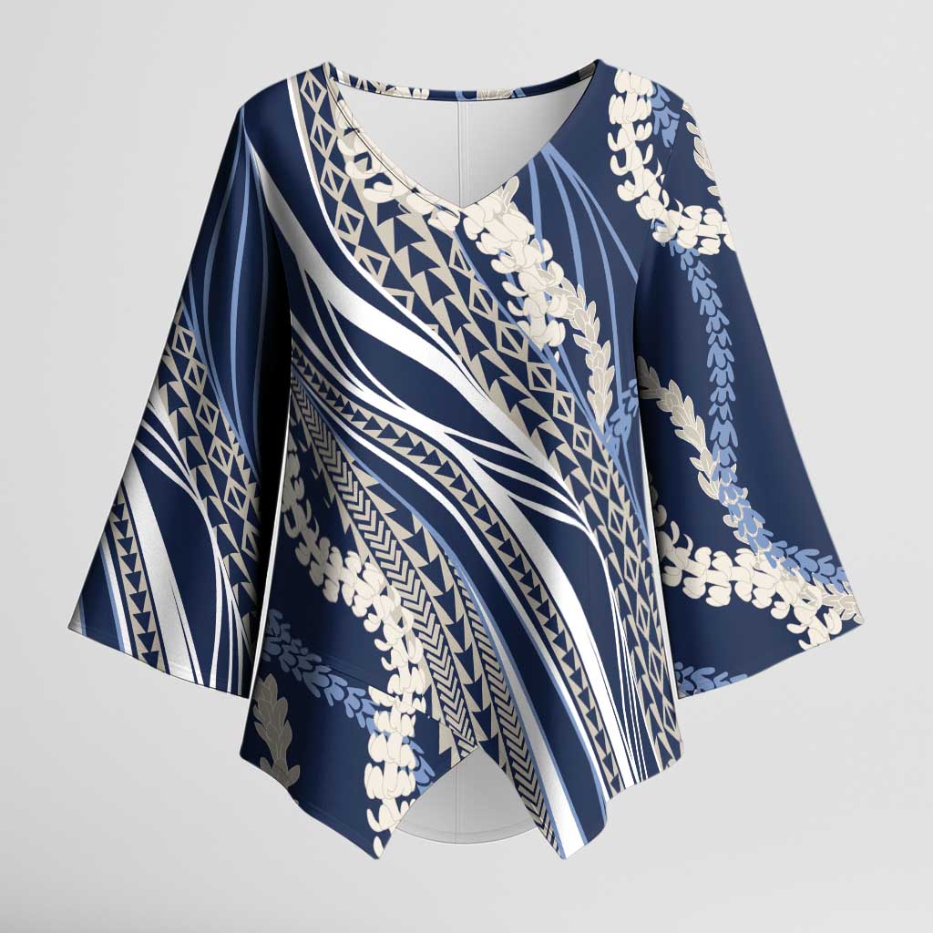 Polynesian Puakeniken Pikake Twisted Lei Kimono Sleeve Blouse Navy Blue - Polynesian Pride