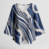 Polynesian Puakeniken Pikake Twisted Lei Kimono Sleeve Blouse Navy Blue - Polynesian Pride