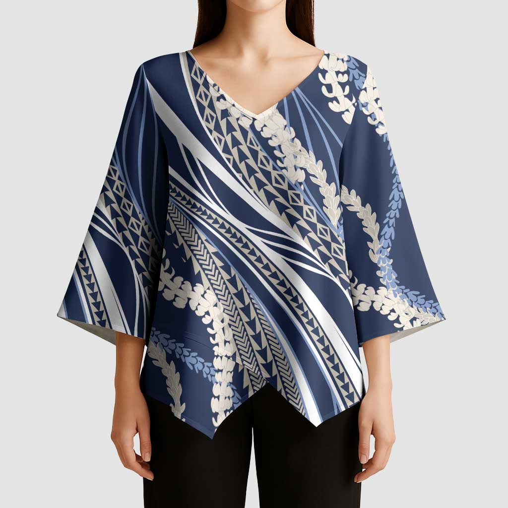 Polynesian Puakeniken Pikake Twisted Lei Kimono Sleeve Blouse Navy Blue - Polynesian Pride