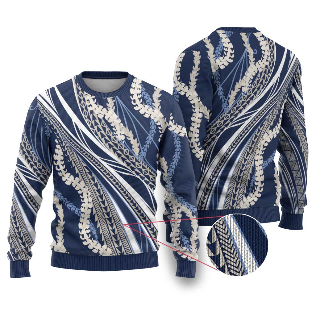 Polynesian Puakeniken Pikake Twisted Lei Ugly Christmas Sweater Navy Blue - Polynesian Pride