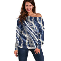 Polynesian Puakeniken Pikake Twisted Lei Off Shoulder Sweater Navy Blue - Polynesian Pride