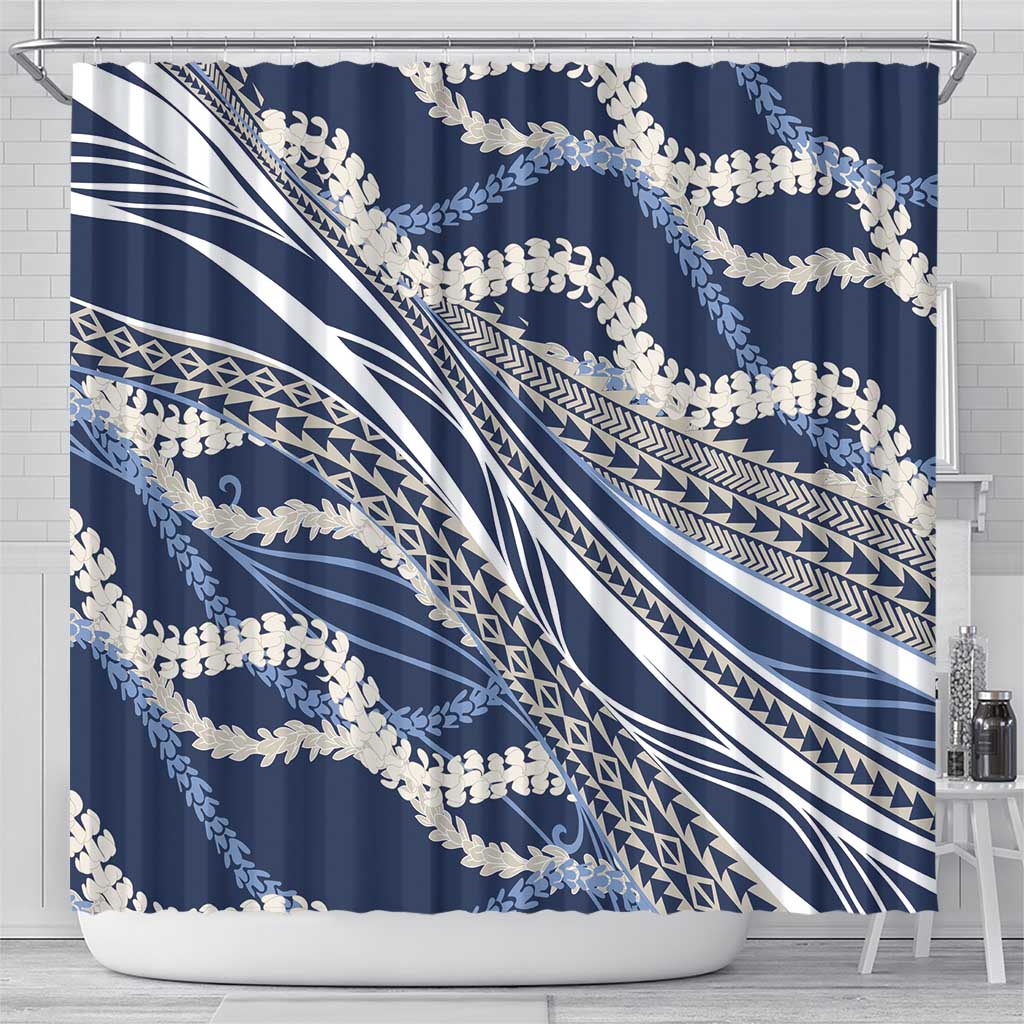 Polynesian Puakeniken Pikake Twisted Lei Shower Curtain Navy Blue - Polynesian Pride