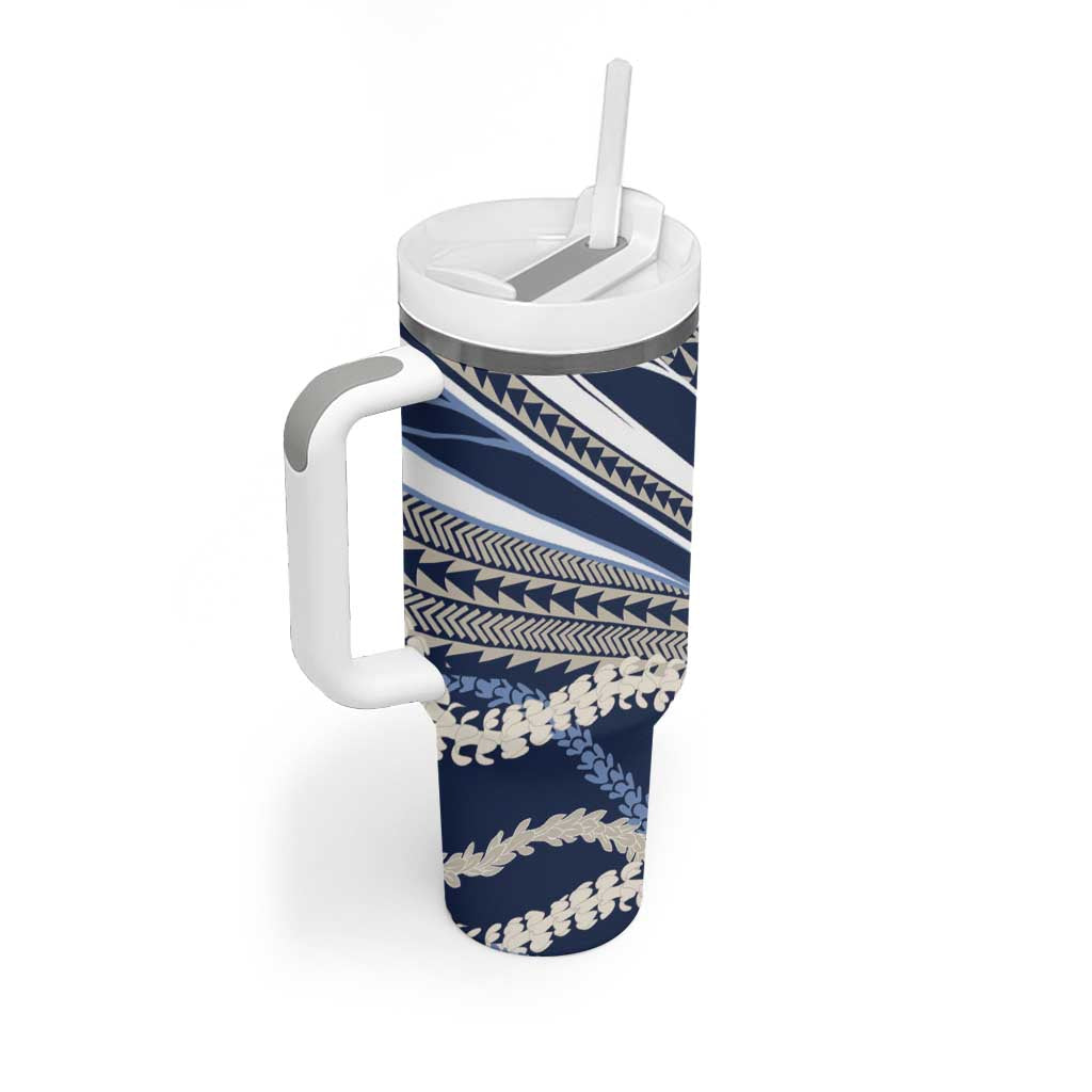 Polynesian Puakeniken Pikake Twisted Lei Tumbler With Handle Navy Blue - Polynesian Pride
