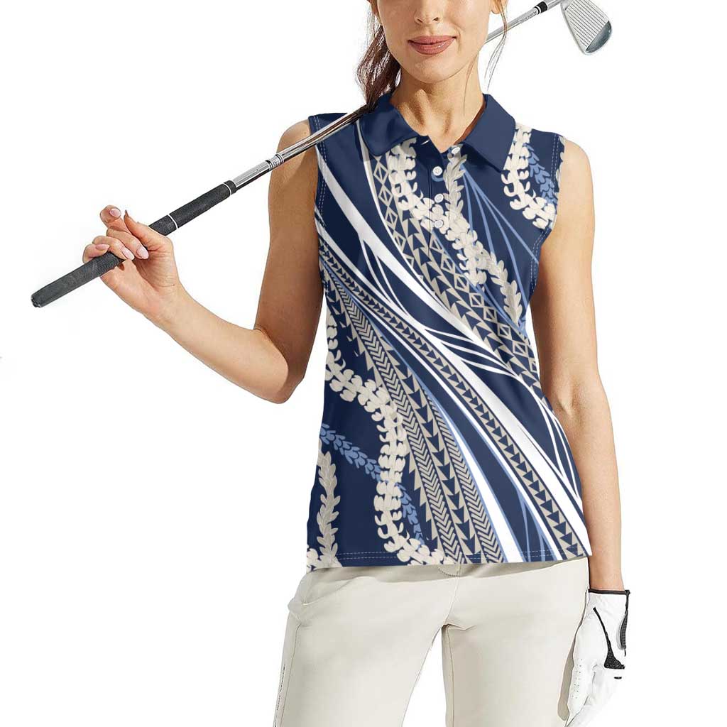 Polynesian Puakeniken Pikake Twisted Lei Women Sleeveless Polo Shirt Navy Blue - Polynesian Pride