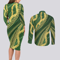 Polynesian Puakeniken Pikake Twisted Lei Couples Matching Long Sleeve Bodycon Dress and Long Sleeve Button Shirt Emerald LT7 - Polynesian Pride