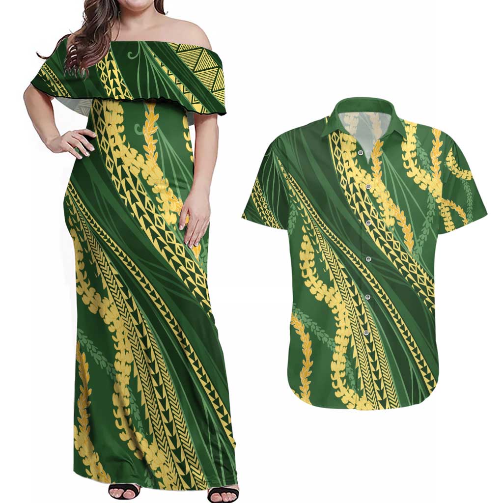 Polynesian Puakeniken Pikake Twisted Lei Couples Matching Off Shoulder Maxi Dress and Hawaiian Shirt Emerald - Polynesian Pride