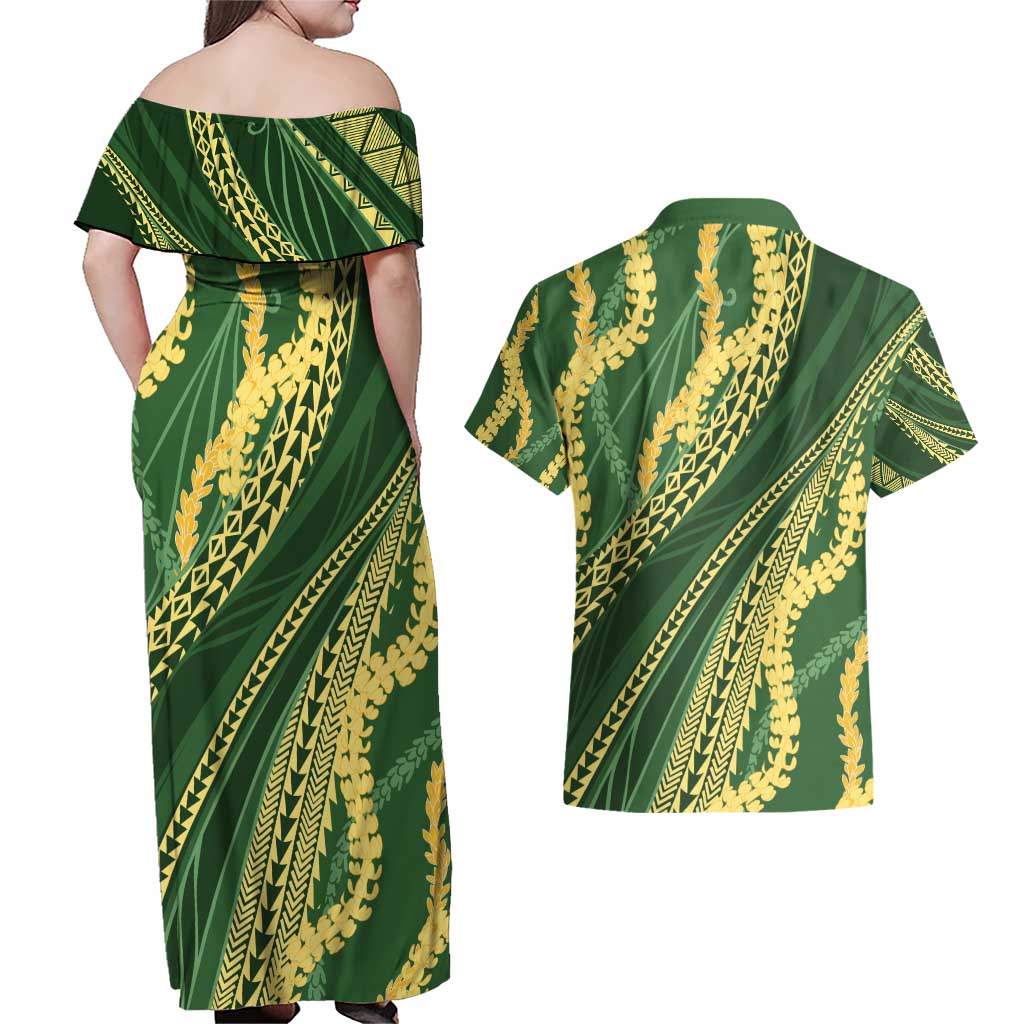 Polynesian Puakeniken Pikake Twisted Lei Couples Matching Off Shoulder Maxi Dress and Hawaiian Shirt Emerald - Polynesian Pride