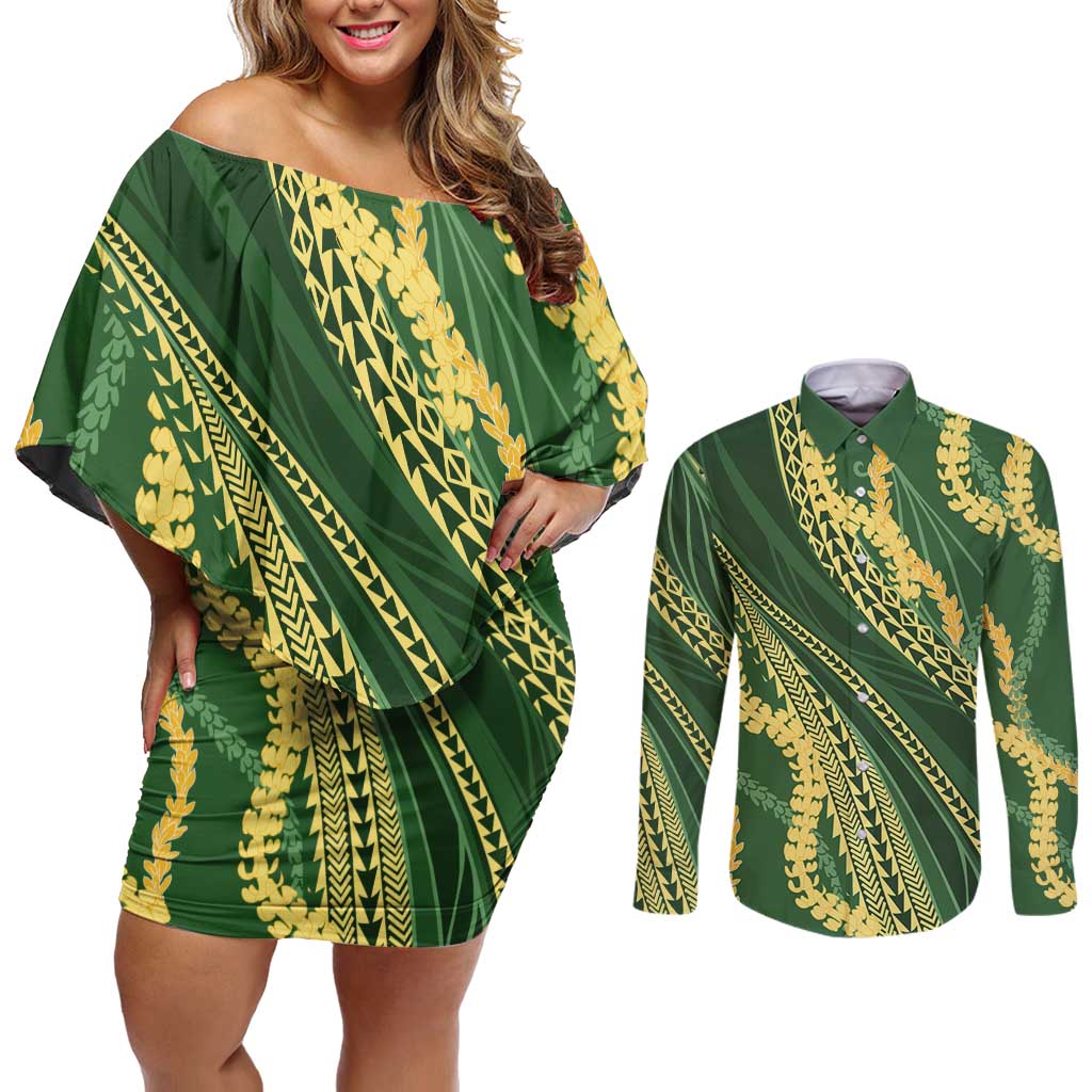 Polynesian Puakeniken Pikake Twisted Lei Couples Matching Off Shoulder Short Dress and Long Sleeve Button Shirt Emerald LT7 Emerald - Polynesian Pride