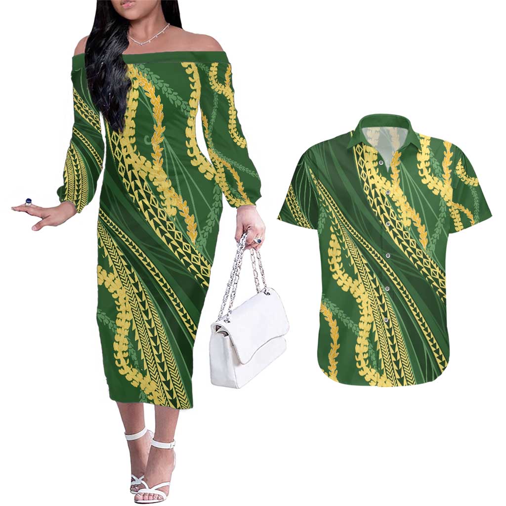 Polynesian Puakeniken Pikake Twisted Lei Couples Matching Off The Shoulder Long Sleeve Dress and Hawaiian Shirt Emerald - Polynesian Pride