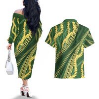 Polynesian Puakeniken Pikake Twisted Lei Couples Matching Off The Shoulder Long Sleeve Dress and Hawaiian Shirt Emerald - Polynesian Pride