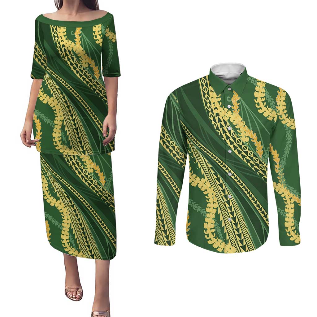 Polynesian Puakeniken Pikake Twisted Lei Couples Matching Puletasi and Long Sleeve Button Shirt Emerald LT7 Emerald - Polynesian Pride