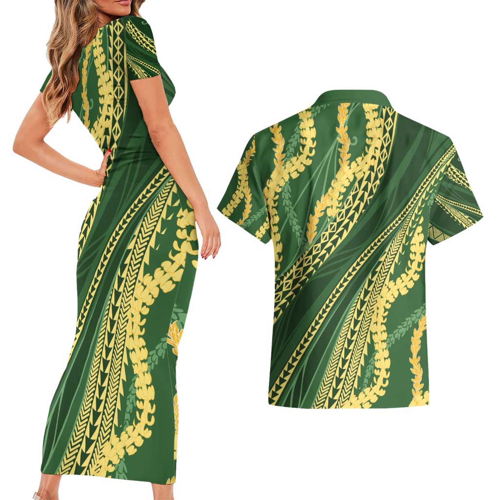 Polynesian Puakeniken Pikake Twisted Lei Couples Matching Short Sleeve Bodycon Dress and Hawaiian Shirt Emerald - Polynesian Pride