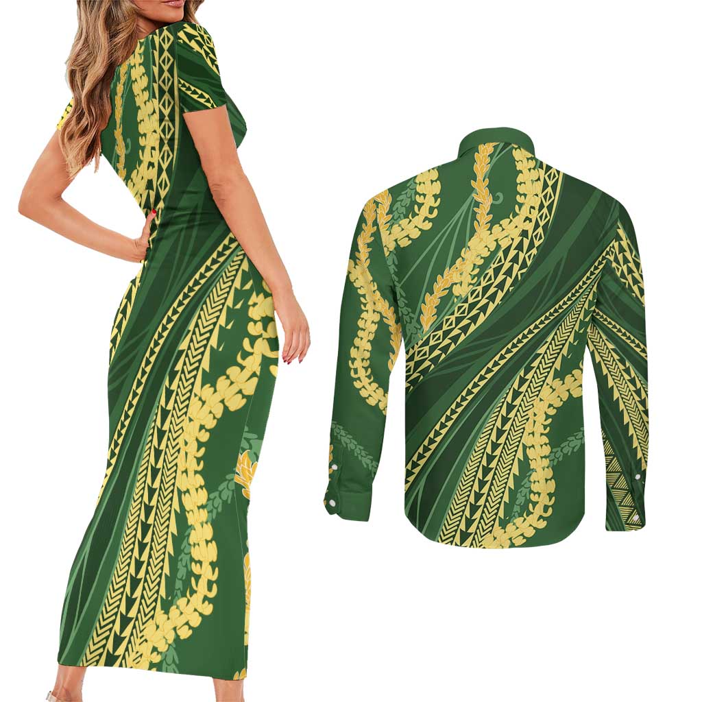 Polynesian Puakeniken Pikake Twisted Lei Couples Matching Short Sleeve Bodycon Dress and Long Sleeve Button Shirt Emerald LT7 - Polynesian Pride