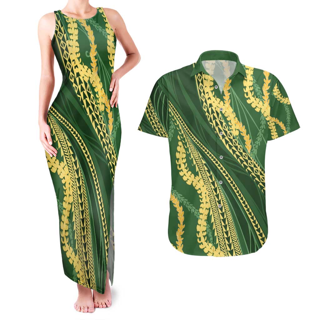 Polynesian Puakeniken Pikake Twisted Lei Couples Matching Tank Maxi Dress and Hawaiian Shirt Emerald - Polynesian Pride