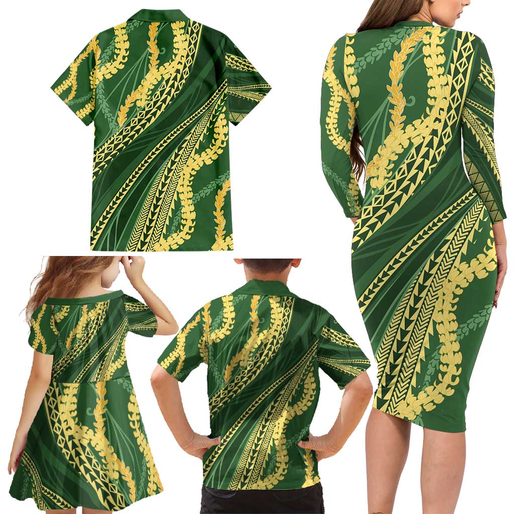 Polynesian Puakeniken Pikake Twisted Lei Family Matching Long Sleeve Bodycon Dress and Hawaiian Shirt Emerald - Polynesian Pride
