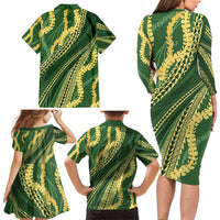 Polynesian Puakeniken Pikake Twisted Lei Family Matching Long Sleeve Bodycon Dress and Hawaiian Shirt Emerald - Polynesian Pride