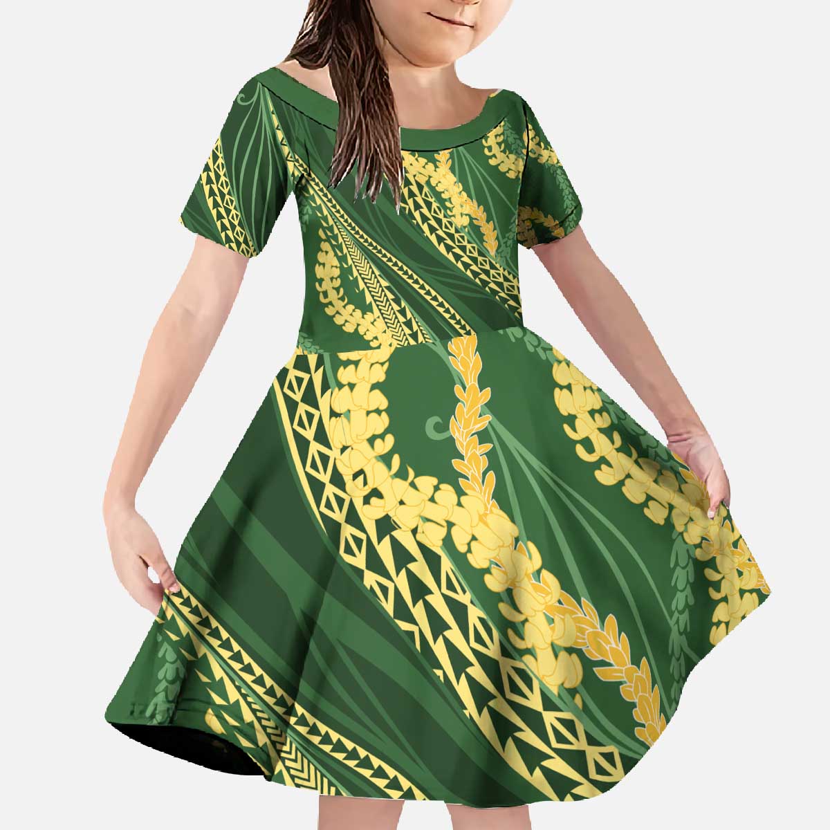 Polynesian Puakeniken Pikake Twisted Lei Family Matching Off The Shoulder Long Sleeve Dress and Hawaiian Shirt Emerald - Polynesian Pride