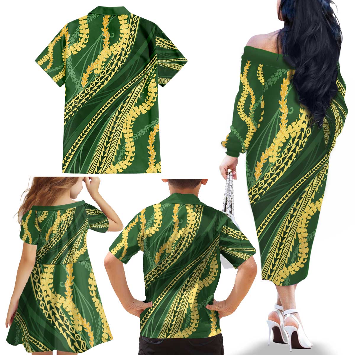 Polynesian Puakeniken Pikake Twisted Lei Family Matching Off The Shoulder Long Sleeve Dress and Hawaiian Shirt Emerald - Polynesian Pride