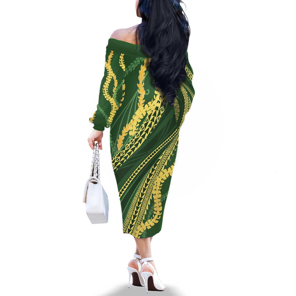 Polynesian Puakeniken Pikake Twisted Lei Family Matching Off The Shoulder Long Sleeve Dress and Hawaiian Shirt Emerald - Polynesian Pride