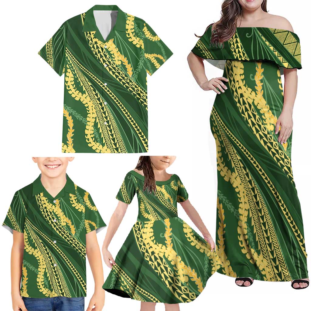 Polynesian Puakeniken Pikake Twisted Lei Family Matching Off Shoulder Maxi Dress and Hawaiian Shirt Emerald - Polynesian Pride