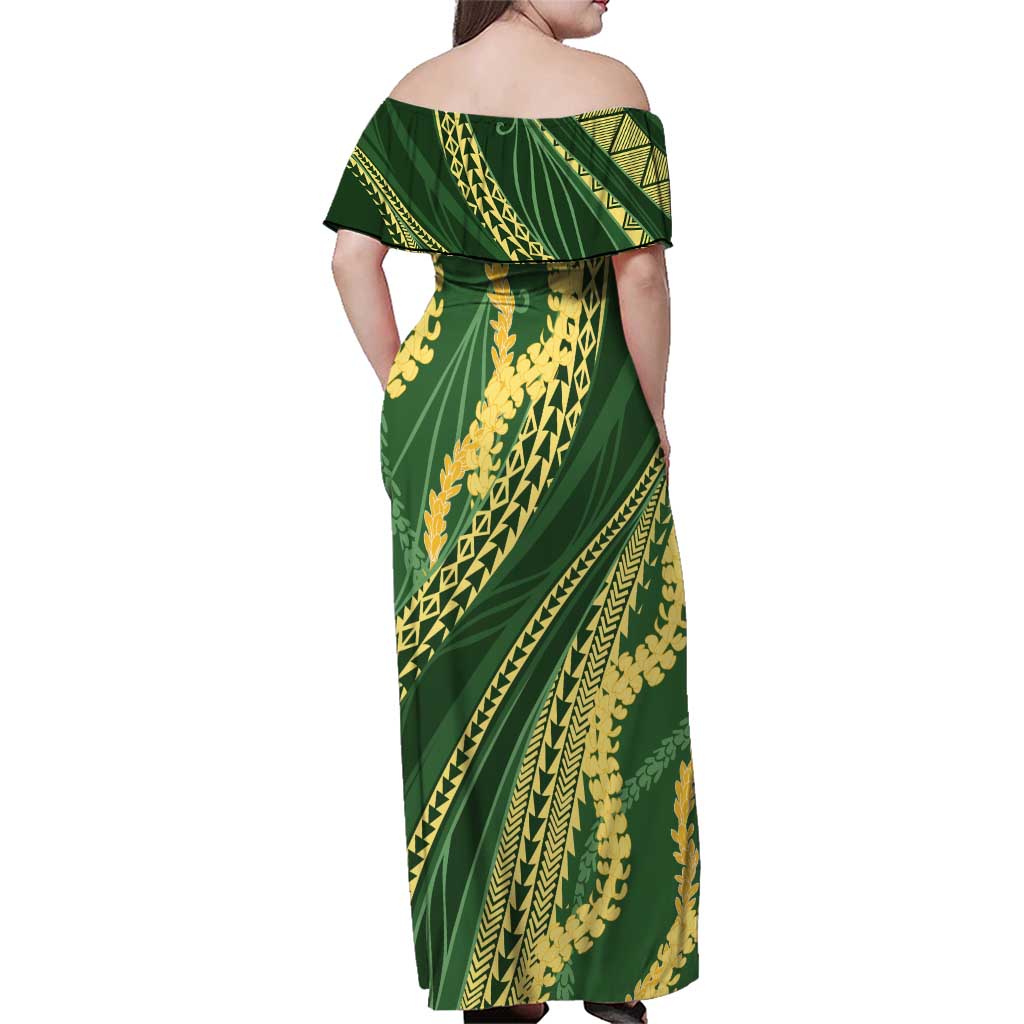 Polynesian Puakeniken Pikake Twisted Lei Family Matching Off Shoulder Maxi Dress and Hawaiian Shirt Emerald - Polynesian Pride