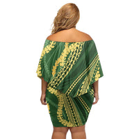 Polynesian Puakeniken Pikake Twisted Lei Family Matching Off Shoulder Short Dress and Hawaiian Shirt Emerald - Polynesian Pride