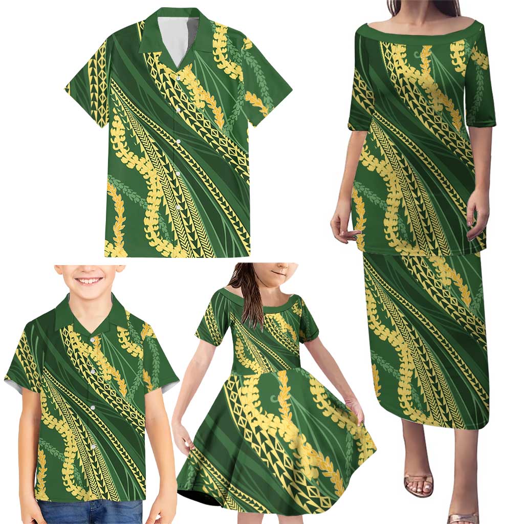 Polynesian Puakeniken Pikake Twisted Lei Family Matching Puletasi and Hawaiian Shirt Emerald LT7 - Polynesian Pride