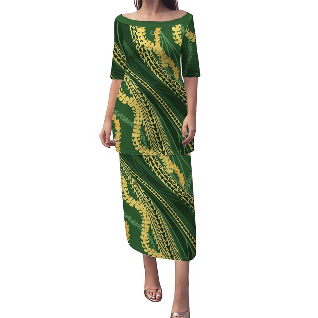 Polynesian Puakeniken Pikake Twisted Lei Family Matching Puletasi and Hawaiian Shirt Emerald LT7 Mom's Dress Emerald - Polynesian Pride