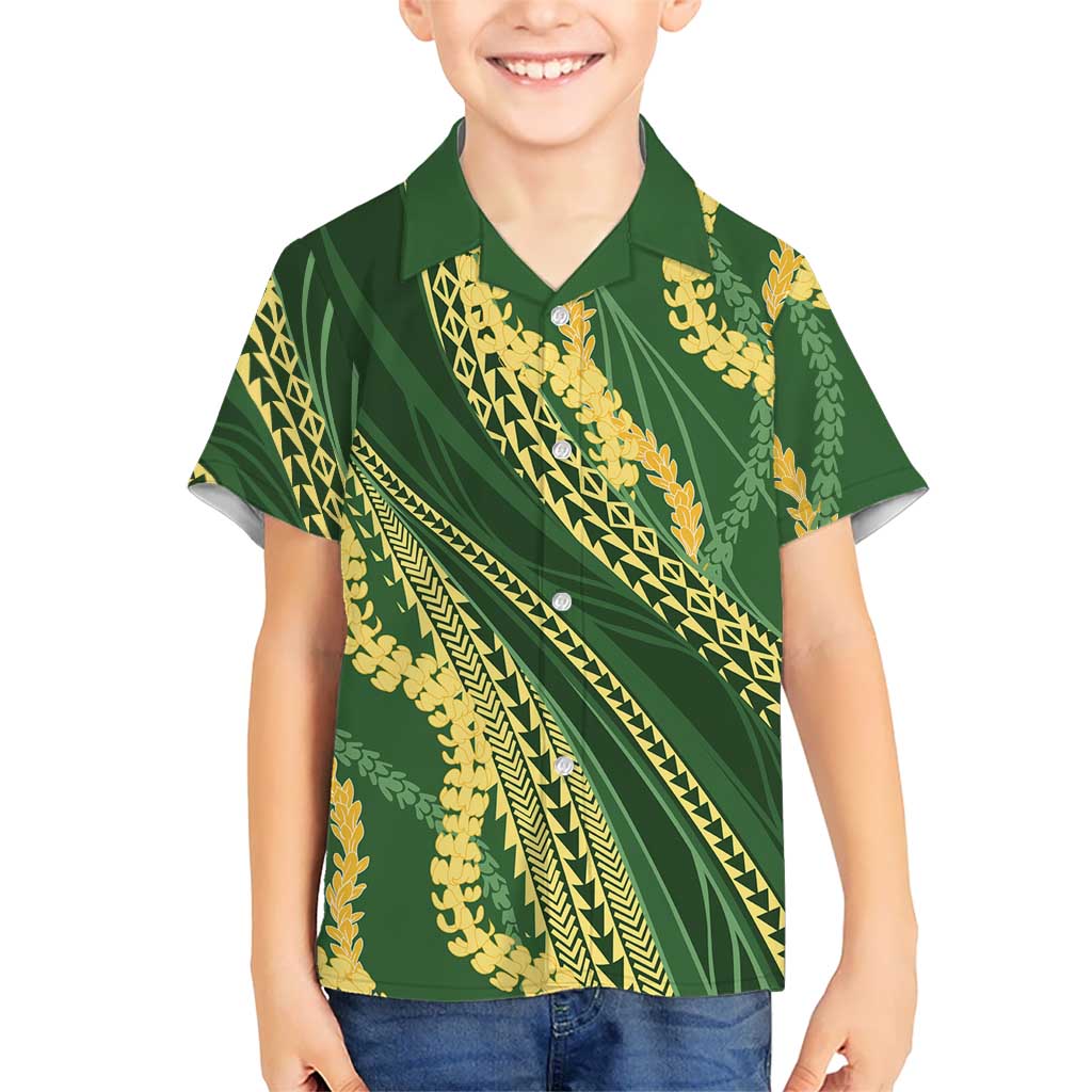 Polynesian Puakeniken Pikake Twisted Lei Family Matching Puletasi and Hawaiian Shirt Emerald LT7 Son's Shirt Emerald - Polynesian Pride