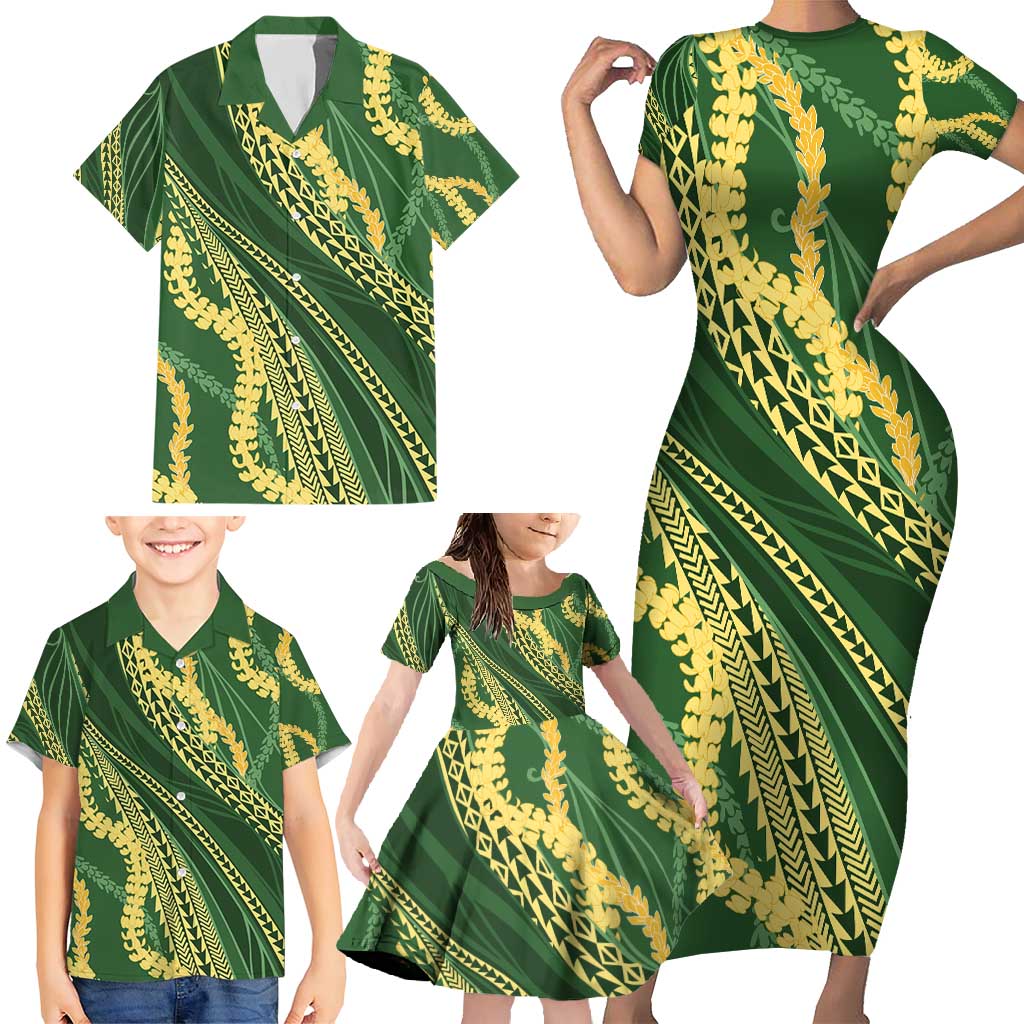 Polynesian Puakeniken Pikake Twisted Lei Family Matching Short Sleeve Bodycon Dress and Hawaiian Shirt Emerald - Polynesian Pride