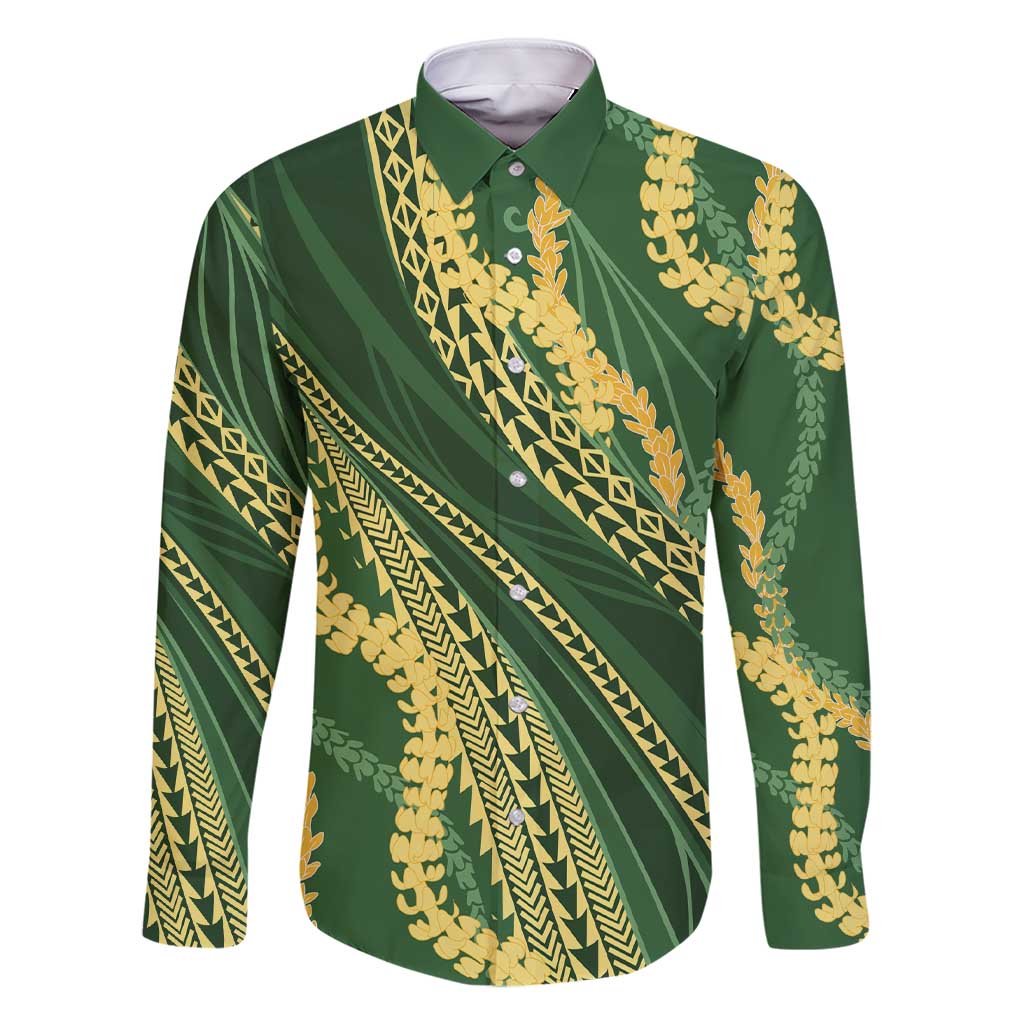 Polynesian Puakeniken Pikake Twisted Lei Family Matching Short Sleeve Bodycon Dress and Hawaiian Shirt Emerald - Polynesian Pride