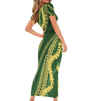 Polynesian Puakeniken Pikake Twisted Lei Family Matching Short Sleeve Bodycon Dress and Hawaiian Shirt Emerald - Polynesian Pride