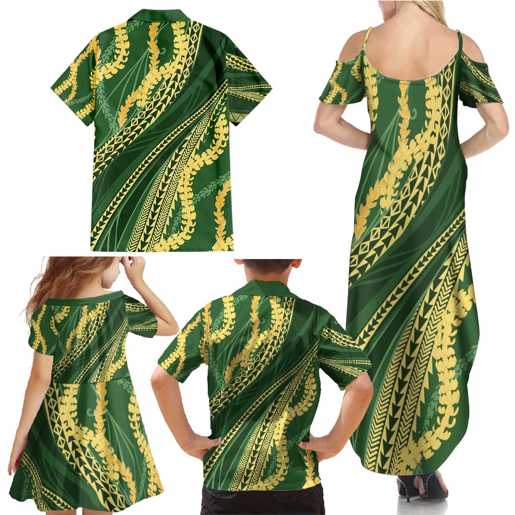 Polynesian Puakeniken Pikake Twisted Lei Family Matching Summer Maxi Dress and Hawaiian Shirt Emerald - Polynesian Pride