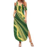 Polynesian Puakeniken Pikake Twisted Lei Family Matching Summer Maxi Dress and Hawaiian Shirt Emerald - Polynesian Pride