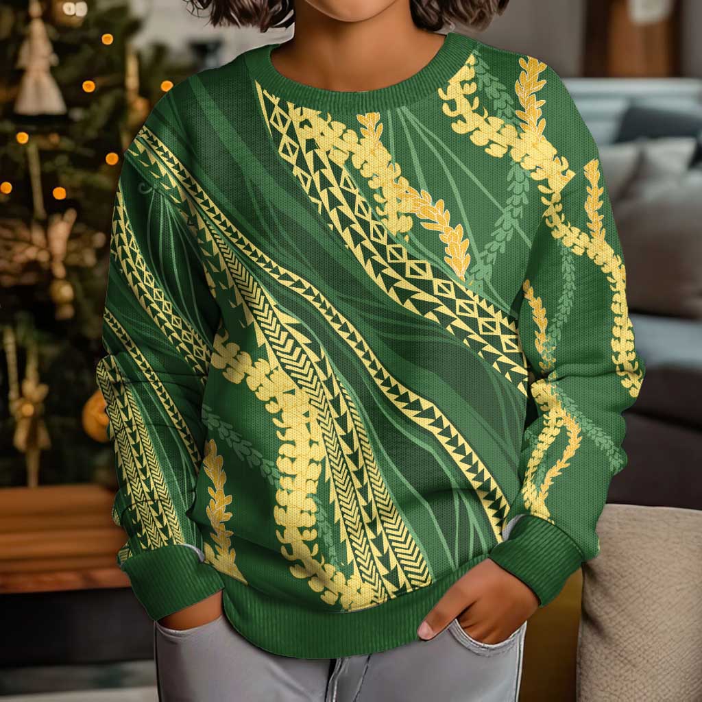 Polynesian Puakeniken Pikake Twisted Lei Kid Ugly Christmas Sweater Emerald - Polynesian Pride