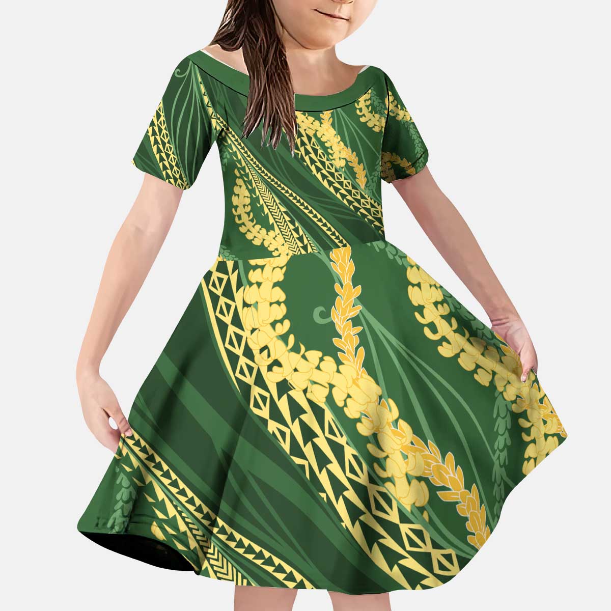 Polynesian Puakeniken Pikake Twisted Lei Kid Short Sleeve Dress Emerald - Polynesian Pride