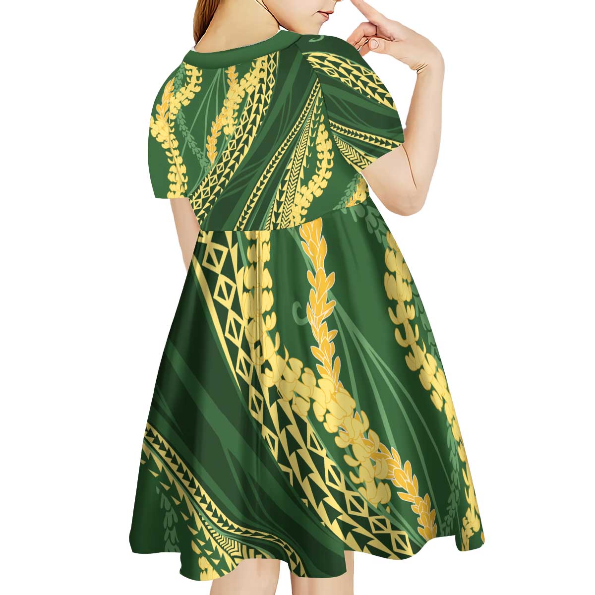 Polynesian Puakeniken Pikake Twisted Lei Kid Short Sleeve Dress Emerald - Polynesian Pride