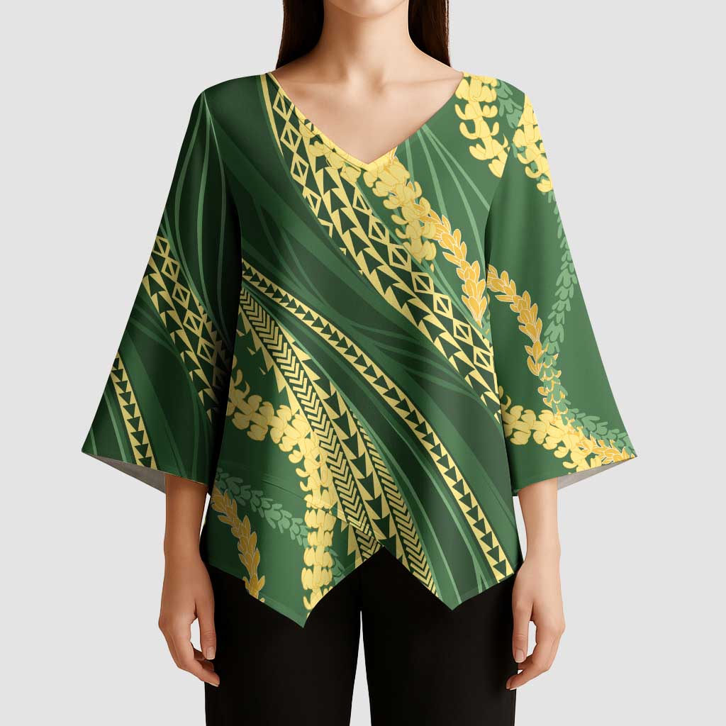Polynesian Puakeniken Pikake Twisted Lei Kimono Sleeve Blouse Emerald - Polynesian Pride