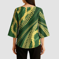 Polynesian Puakeniken Pikake Twisted Lei Kimono Sleeve Blouse Emerald - Polynesian Pride