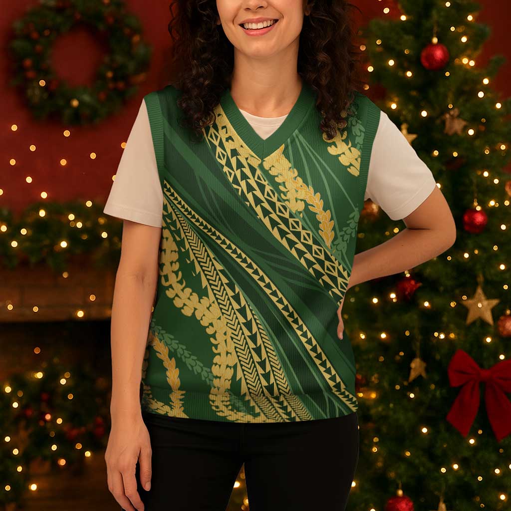 Polynesian Puakeniken Pikake Twisted Lei Christmas Knitted V-Neck Vest Emerald LT7 - Polynesian Pride