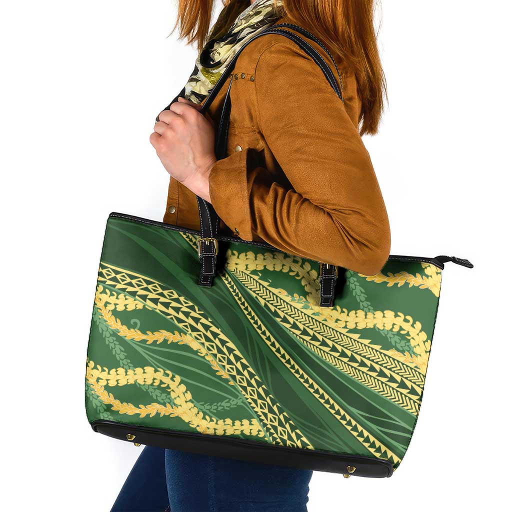 Polynesian Puakeniken Pikake Twisted Lei Leather Tote Bag Emerald - Polynesian Pride