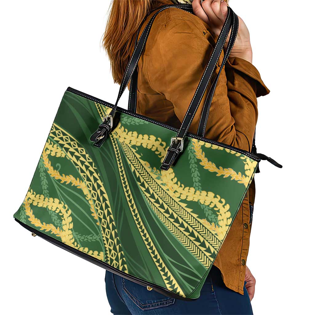 Polynesian Puakeniken Pikake Twisted Lei Leather Tote Bag Emerald - Polynesian Pride
